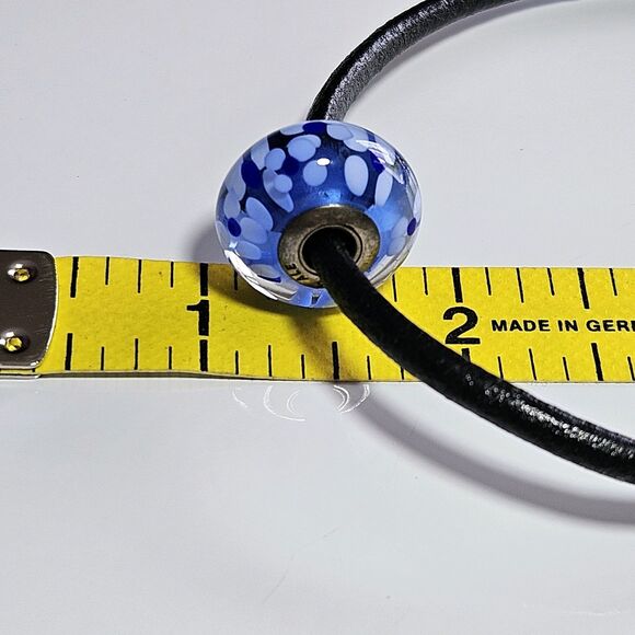 **Sale** Pandora Black Cord Bracelet W/ Large Blue Flowered Murano Glass Bead 7" - Picture 8 of 16